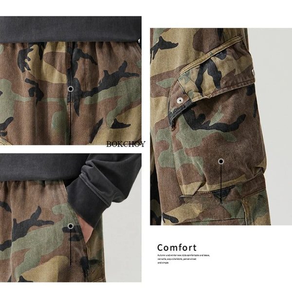 2026 Autumn New 100% Cotton Vintage Cargo Camouflage Pants for Men Clothing Darwstring Big Pocket Loose Trousers GF268273