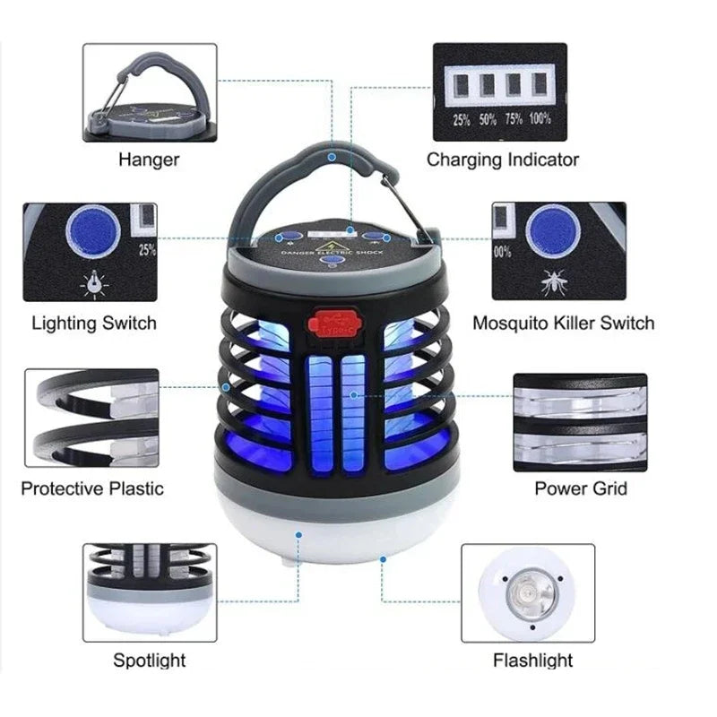 ចង្កៀងសម្លាប់មូស LED UV ព្យួរ ភ្លើងឆក់សត្វល្អិត ភ្លើង USB ចល័ត ក្រៅផ្ទះ ការពារទឹក ឡើងភ្នំ បោះតង់ ចង្កៀង