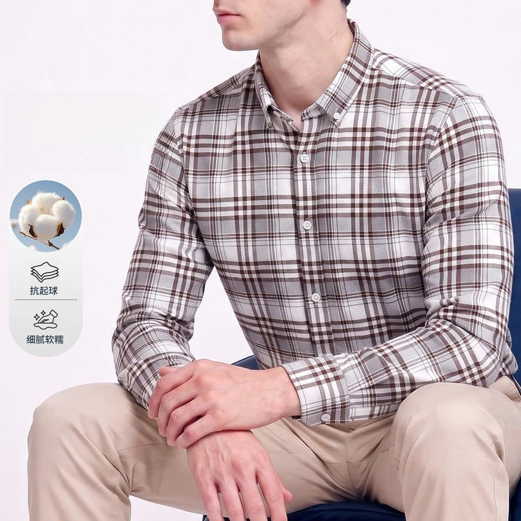 Men's 100% Cotton Brushed Plaid Long Sleeve Shirt – Soft Flannel Casual Button-Down for Outdoor & Daily Wear