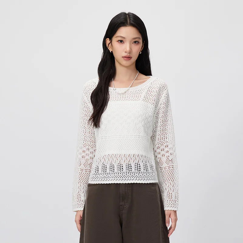 Semir Women Sweater Short Cami Hollow Out White Loose Knit Two Piece Elegant Casual Autumn Top Street Wear 2026