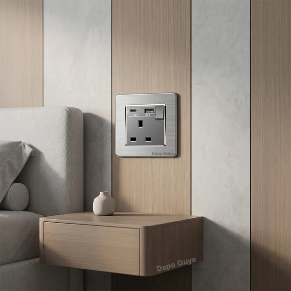 កុងតាក់ភ្លើងជញ្ជាំង 220V ដែកអ៊ីណុកពណ៌ប្រផេះ 13A ចក្រភពអង់គ្លេស ជាមួយរន្ធដោតអគ្គិសនី រន្ធដោតជញ្ជាំងប្រភេទ C សាកថ្មលឿន Smart Type-C