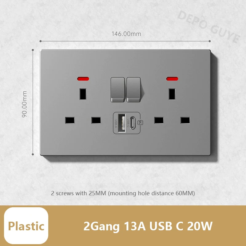 Universal 20W Type-C Wall Quick charge Socket,Dual Switch control Universal Power outlet,White UK Standard USB Interface Socket