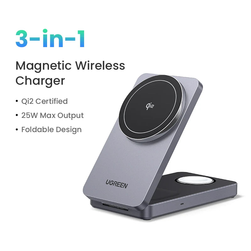 UGREEN 3-in-1 MFi 15W MAX Magnetic Wireless Charger Qi2 Certificated Charging Stand For iPhone 16 17 Pro Max Fast Charger