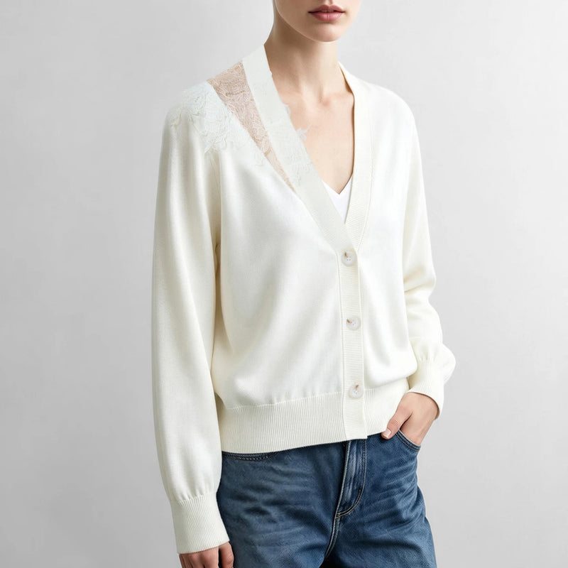 Amii V-Neck Knit Cardigan Lace Patchwork Loose Fit Lightweight Minimalist Slimming Commuter Top Autumn Women's Hooded 12613037