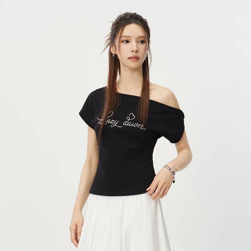 Semir Womens Tshirt 2026 Short Letter Oblique Shoulder Slim Sweet Cool Casual Fashion