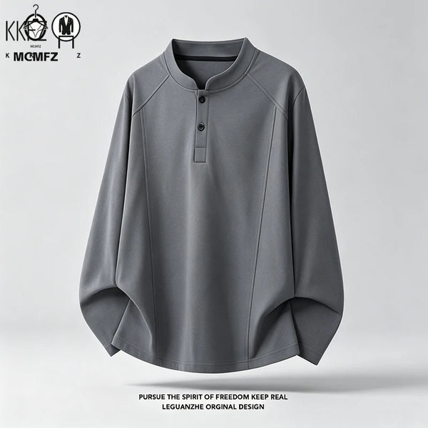 Mens Casual Loose Long Sleeve Henley Top Mandarin Stand Collar Raglan Seam Breathable Fabric Daily Wear