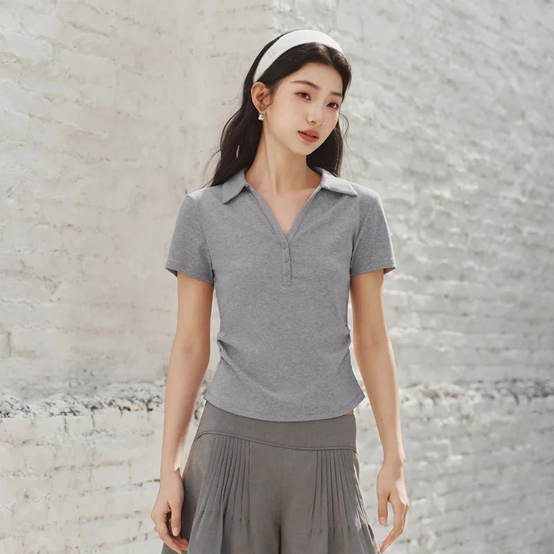 Semir Women Polo Shirt Short Length Ruched Slim Fit Standard Shoulder Cool Feeling 2026 Summer Temperament Versatile Fashion Top