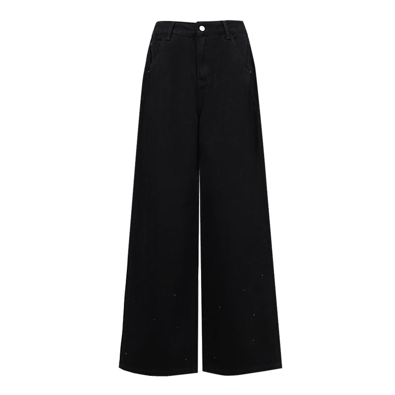 Amii Women Wide Leg Jeans Cotton Rhinestone Long Pants Slimming Loose Fit Trousers Casual Versatile 2026 Autumn Bottoms 12613027
