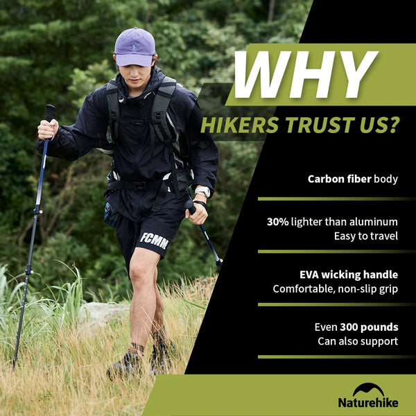 ដំបងដើរ Naturehike First Snow EXT1 ដំបងឡើងភ្នំជាតិសរសៃកាបូន ៣ ផ្នែក ស្រាលបំផុត ធ្វើពីឈើច្រត់ឡើងភ្នំក្រៅផ្ទះ