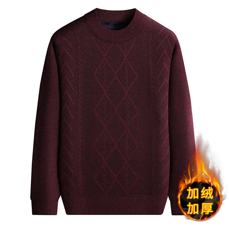 Thick Fleece Men Crew Neck Jumper Vintage Cable and Diamond Woven Texture Soft Knit Fabric Outdoor Daily Warm Top