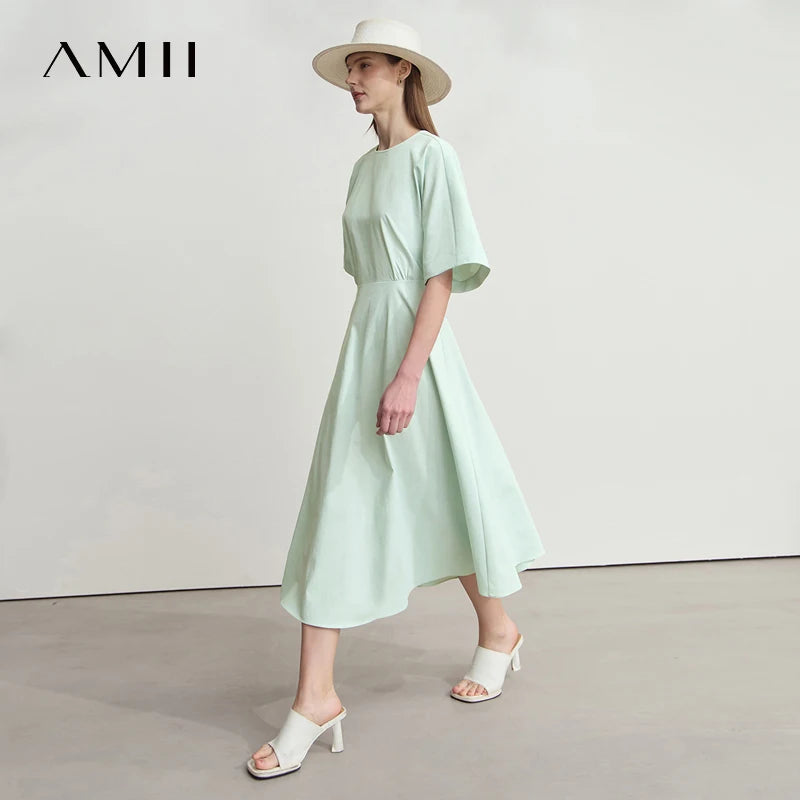 AMII Office Lady Summer Dress Women 2026 New Round Neck Short Sleeve Strap Backless Solid A-line Dresses Female Fashion 12542151