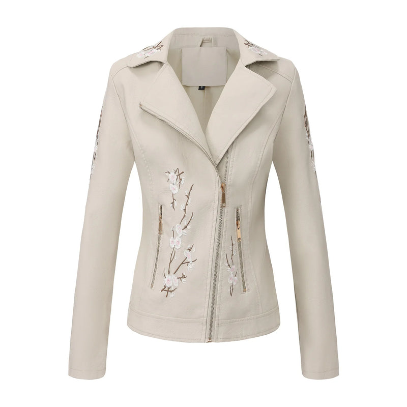 2026 New Women's Black Embroidered PU Jacket, Street-Style Brown Faux Leather Coat, Fashionable Beige Long Sleeves Top.
