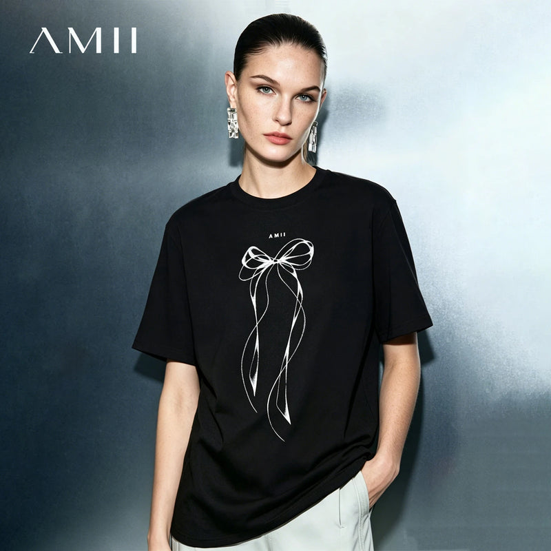 Amii Women's T-Shirt 2026 Summer New Round Neck Bow Print Drop Shoulder Top Women Cotton Casual Loose Short Sleeve Tee 12622041