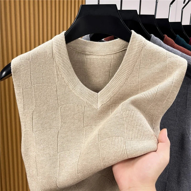 Mens Lightweight Jacquard Knitted Sleeveless Vest V Neck Textured Sweater Tank Top For Daily Commute And Business Matching