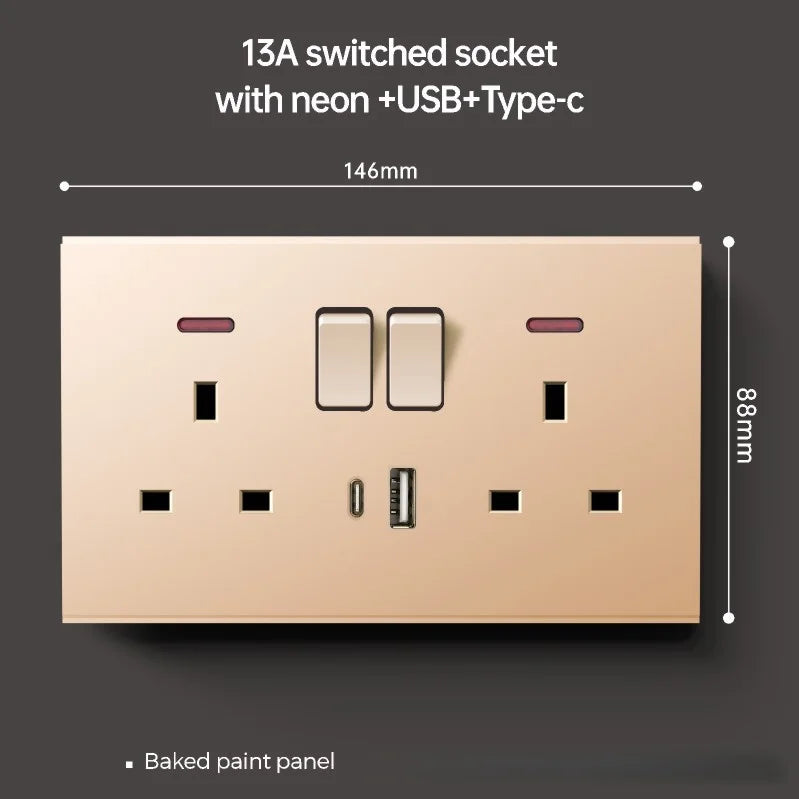 Uk Type 86 13A Universal Rose Gold 220V Wall Large Warped 1gang2way Cross Button Light Switch,USB Electric Plug Wall Socket