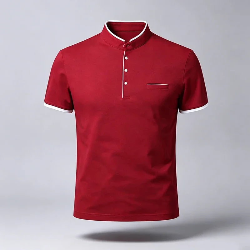 Men Regular Fit Short Sleeve Polo Shirt Stand Collar Chest Pocket For Office Business Look And City Street Daily Wear