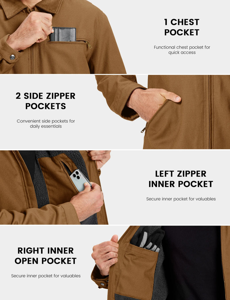 TACVASEN Heavy Duty Canvas Work Jackets Mens Construction Duck Retro Jacket Sherpa Waterproof Warm Winter Coats Cotton Pockets