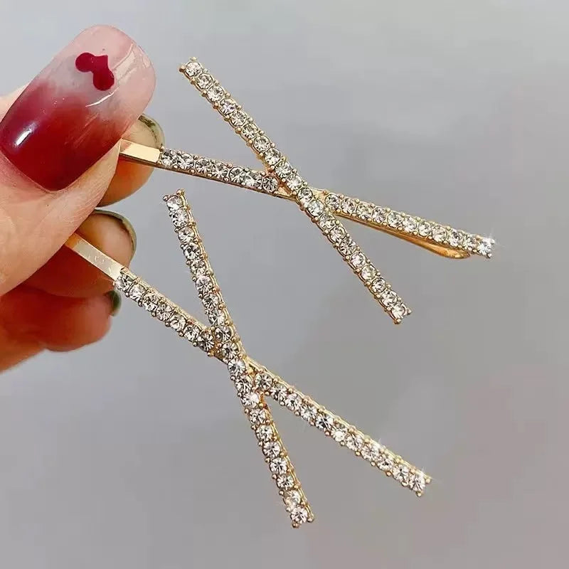 Korean Bling Rhinestone Cross Hair Barrette Elegant Crystal Side Hair Clip for Women Girls Daily Hairstyle Decor Hairpin