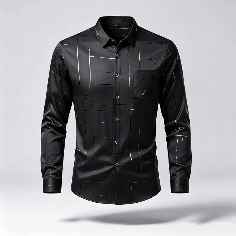 Male Spring Autumn Long Sleeve Shirts Lapel Style Wrinkle Free Fabric Geometric Line Print Chest Pocket Button Shirts