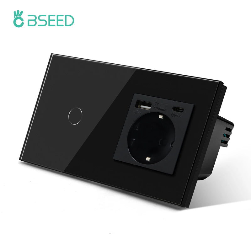 BSEED 1Gang Touch Screen Light Switches LED Backlight Wall Switches With Socket USB Type-C Charge Port Glass Panel Max.Load 300W