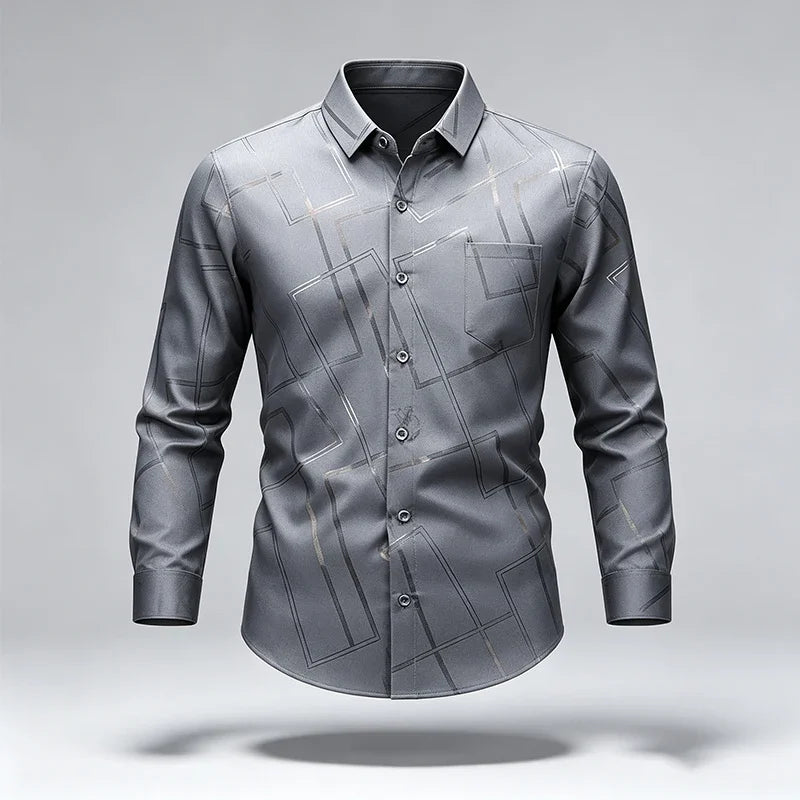 Mens Slim Long Sleeve Dress Shirt Soft Silky Fabric Classic Turn Collar Button Placket Daily Working Casual Outfit