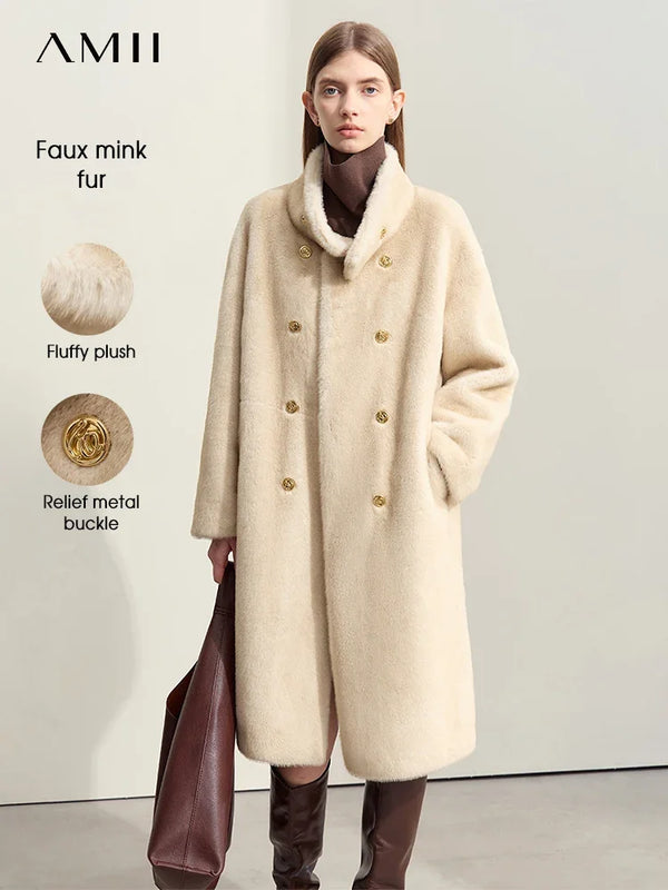 AMII Minimalism 2026 Winter New Warm Modern Turtleneck Double Breasted Imitation Mink Eco-friendly Fur Lady Fleece Coat 12424006