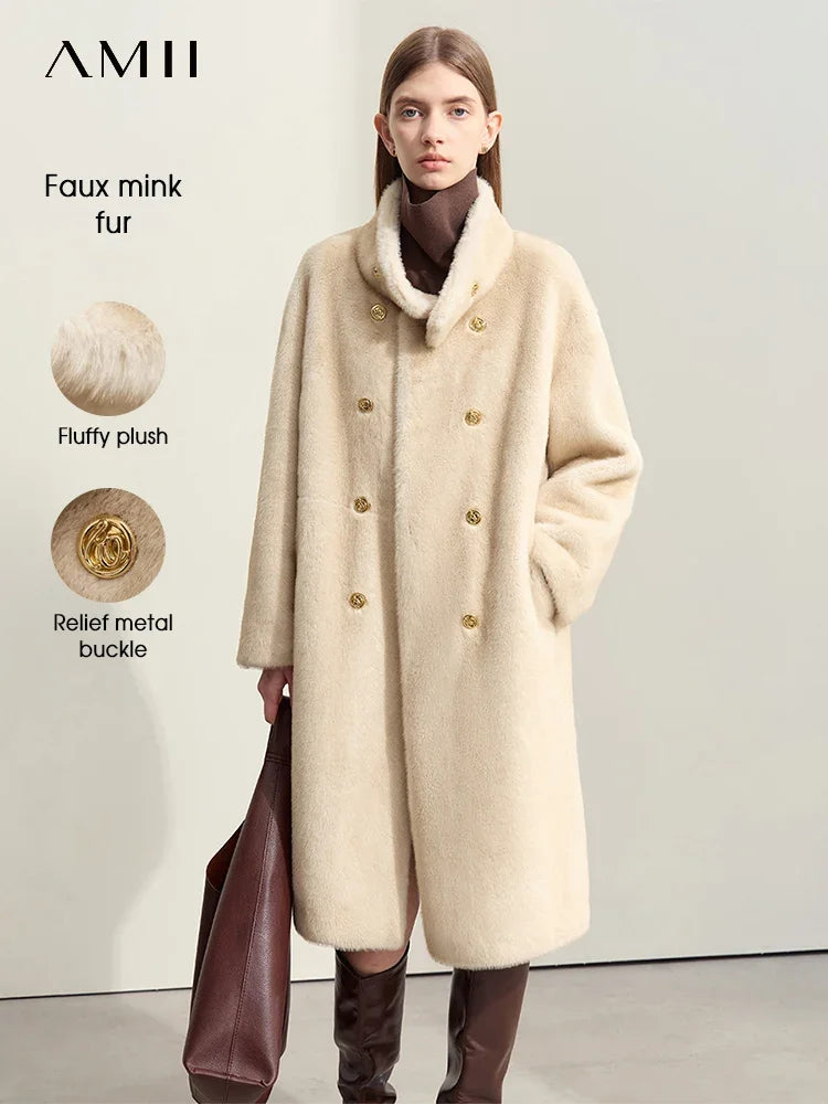AMII Minimalism 2026 Winter New Warm Modern Turtleneck Double Breasted Imitation Mink Eco-friendly Fur Lady Fleece Coat 12424006