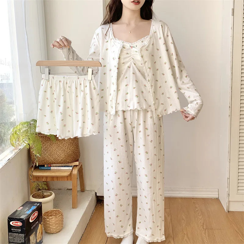 Women’s Loungewear Night Wear for Ladies Nightie Female Clothing Chest Pads Four-piece Pajamas New Spring Autumn Pyjama Pijama