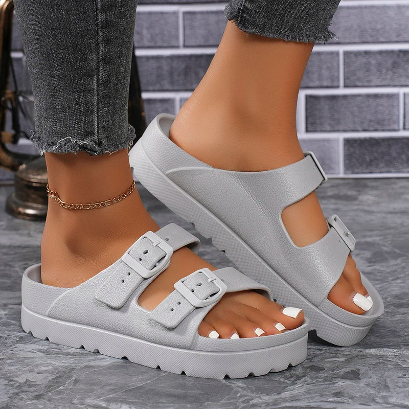 4cm High Ladies Slippers with Two Straps Double Buckles Platform Sandals Women Slides Cushion Lightweight 12 Colors Options