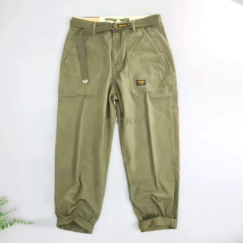 Spring Autumn Pure Cotton Loose Cargo Pants Men Clothing Casual Belt Mid Waist Joggers for Men Trouser AZ329