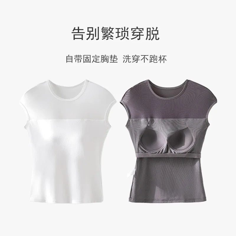 Mesh Splicing Fixed Breast Pad T-shirt for Women's Summer Slim Short-sleeved Bra Sleepwear Top One Piece Nightwear Pajamas