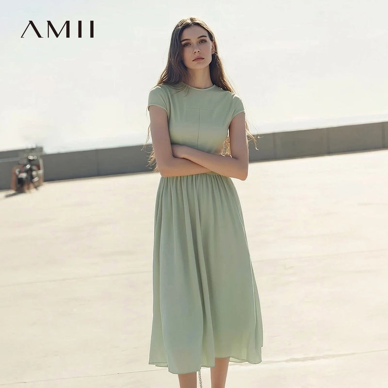 Amii Women's Dress 2026 Summer New O-Neck A-line Chiffon Patchwork Short Sleeve Midi Dress Office Casual Woman Clothing 12622073