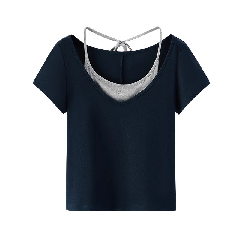 Semir Womens Tshirt 2026 Short Halter V Neck Fake Two Piece Bow Slim Rhinestone Casual Fashion