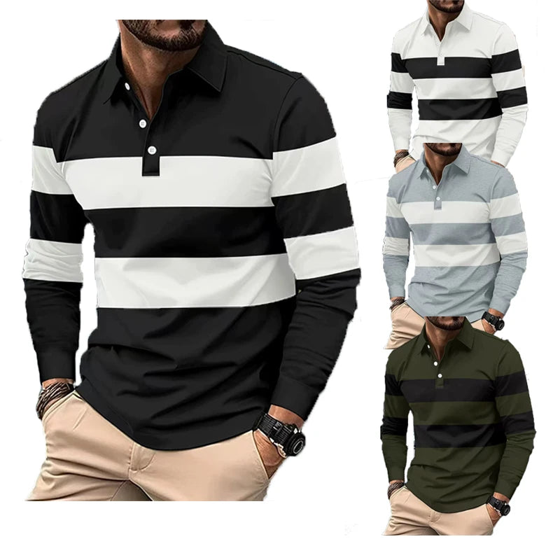 Long-Sleeve Polo Shirt Men's, Black White Stripe, Casual Spring Autumn, S-3XL