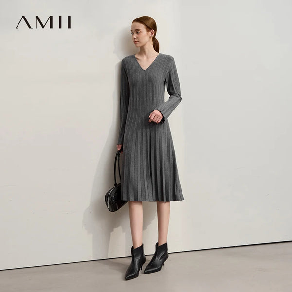 Amii New Dresses For Woman V-neck Flare Sleeve Casual Medium And Long Elastic 2026 Winter Elegant Wool Midi Dresses 12544214