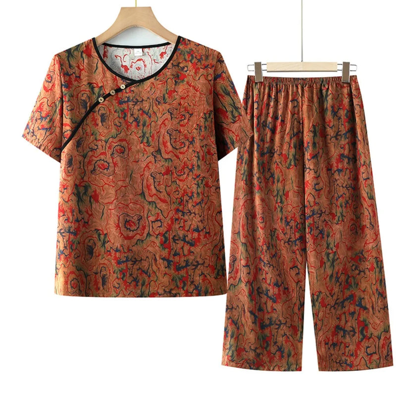 Thin Middle-aged Summer Pajama Set Floral Night Wear for Ladies Sleepwear Loose Soft Short Sleeve Nightwear for Woman Pijama