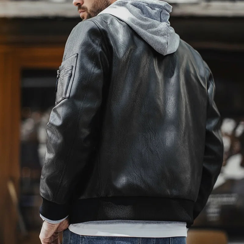 Maden Vintage Men's MA1 Leather Jacket Black Pilot Bomber Jacket Short Zip-up Pocket Baseball Coat Outerwear for Fall Streetwear
