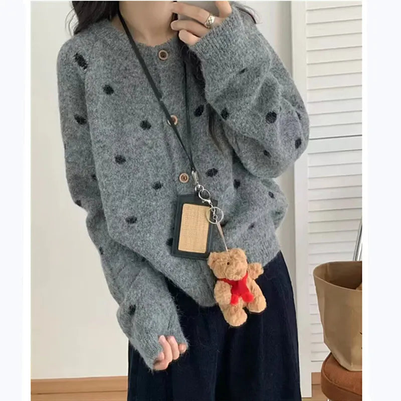New Jersey For Women Spring Autumn Korean Sweaters & Jumpers Short Woolen Coat Polka Dot Woman Clothing Knitwear Female Jacket