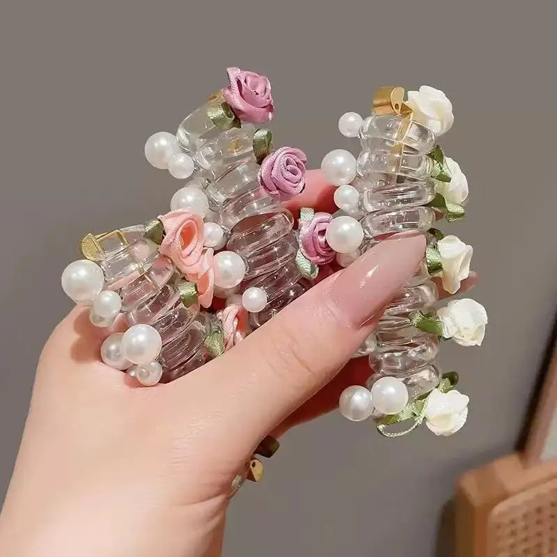 New Sweet Butterfly Rose Bead Phone Line Hairband Ponytail Bubble Braid Artifact Braiding Rope Hair Tie Headwear