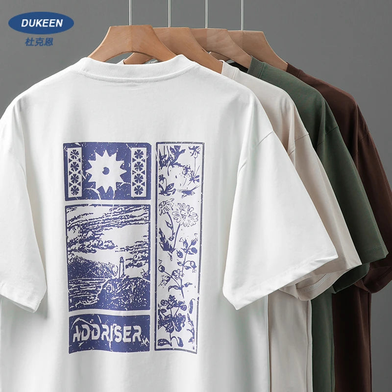 DUKEEN 240G Heavyweight Men's T Shirts 100% Cotton Summer New Fashion Print Crew Neck Short Sleeve Tees Men's Clothing