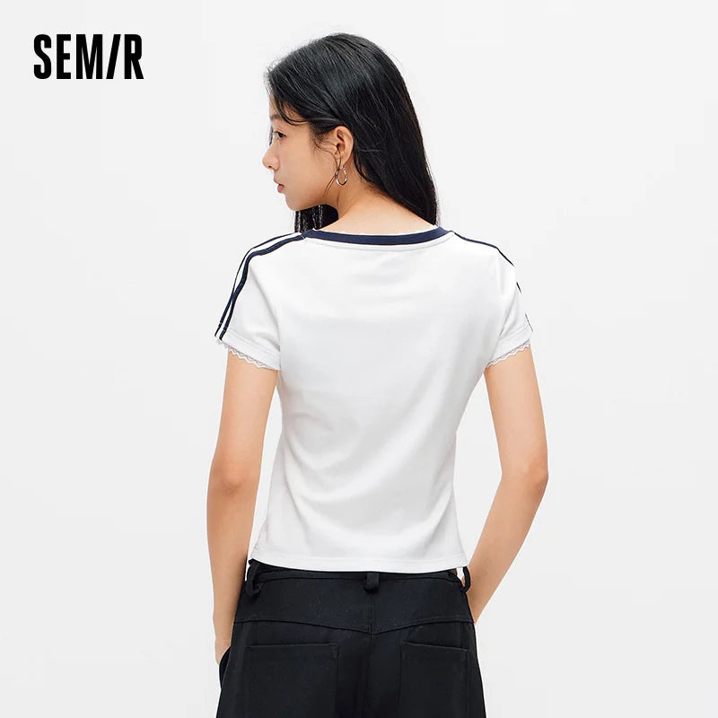 Semir Women Tshirt Cool Feeling Cropped Lace V Neck Slim Contrast Short Sleeve Summer 2026 Casual Fashion Style Top