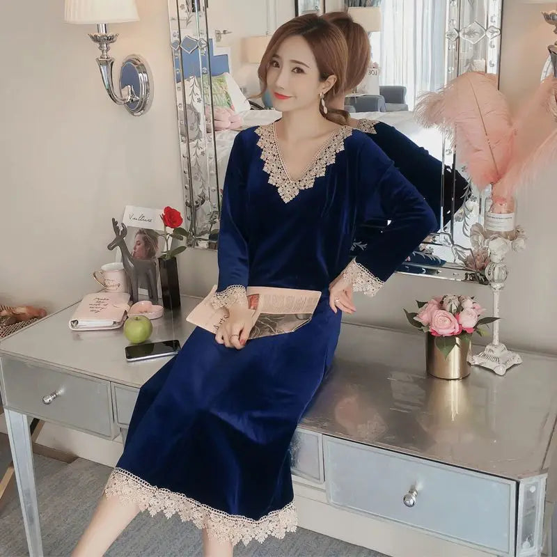 Sexy Lace Casual V-Neck Autumn Night Dress Women Gold Velvet Warm Spring Nightgowns Long Sleeve Loose Sleepwear Home Clothes