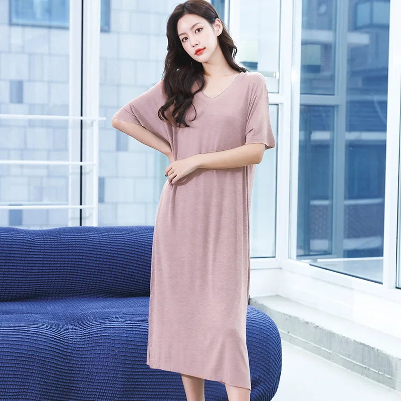 Loose Night Dress Women New V Neck Short Sleeve Sleepshirt Modal Comfortable Long Nightdress Oversize Nightgowns Female