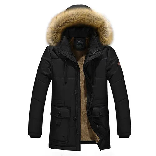 Men's Winter Black Hooded Parkas Jacket, Fake Fur Collar Thick Coats, Fashion Warm Outerwear Male Overcoat Blue Red Jaqueta