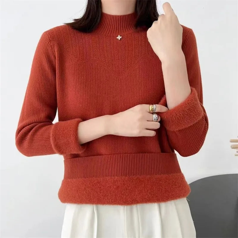 Thicken Velvet Pollovers Top Female Fleece Warm Winter Clothes Woman Half Turtleneck Long Sleeve Women's Sweater Bottom Jumper