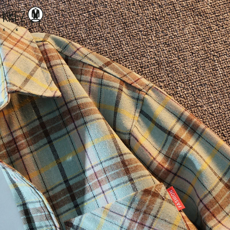 Men All Match Grid Outer Shirt Lapel Button Closure Classic Check Pattern Long Sleeve Daily Casual Top
