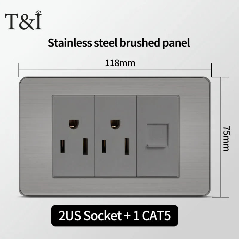 T&I 118 Premium Stainless Steel Brushed Wall Socket with USB Type - C, US Switch, Thai Plug for Home & Office Use