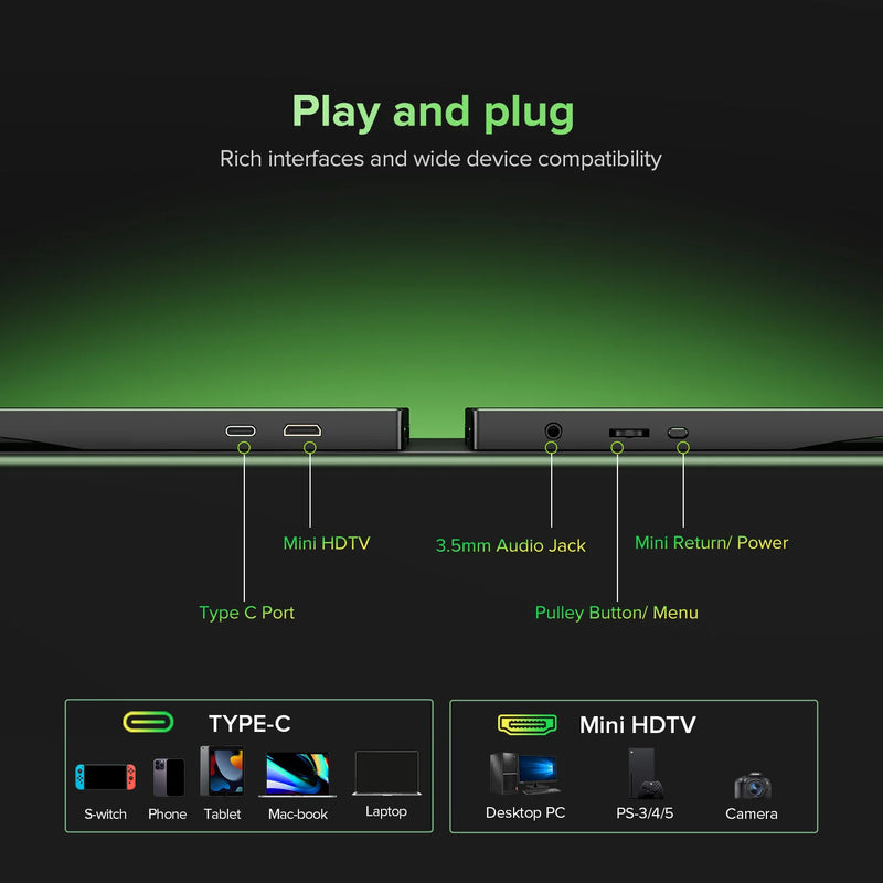 អេក្រង់ទំហំ 15.6 អ៊ីញ IPS 1920X1080 FHD អេក្រង់ថែរក្សាភ្នែកសម្រាប់ការធ្វើដំណើរ អេក្រង់លេងហ្គេម USB C ឧបករណ៍បំពងសម្លេងពីរ អេក្រង់ខាងក្រៅសម្រាប់កុំព្យូទ័រយួរដៃ MINI PC