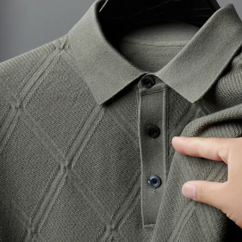 Solid color geometric pattern POLO  men's business casual daily commute warm wool sweater, high-quality men's woolen sweater.