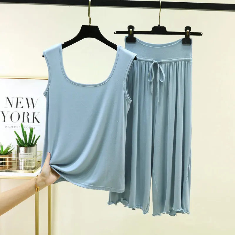 Plus Size Modal Sleepwear Home Clothes Double U-neck Vest Loose Cropped Pants Set Drawstring Lace-up Women's Pajamas M-6XL